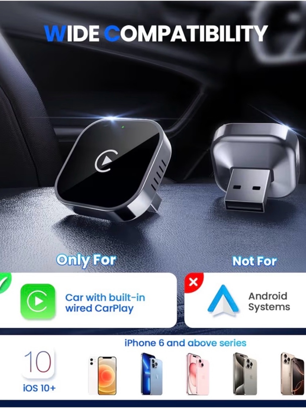 Wireless Carplay Adapter Dongle For iPhone New (Open Box). Black - Picture 3 of 10